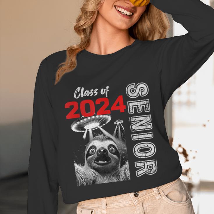 Fun Trendy UFO Sloth Graduation Class Of 2024 Senior Unisex Long Sleeve T-Shirt