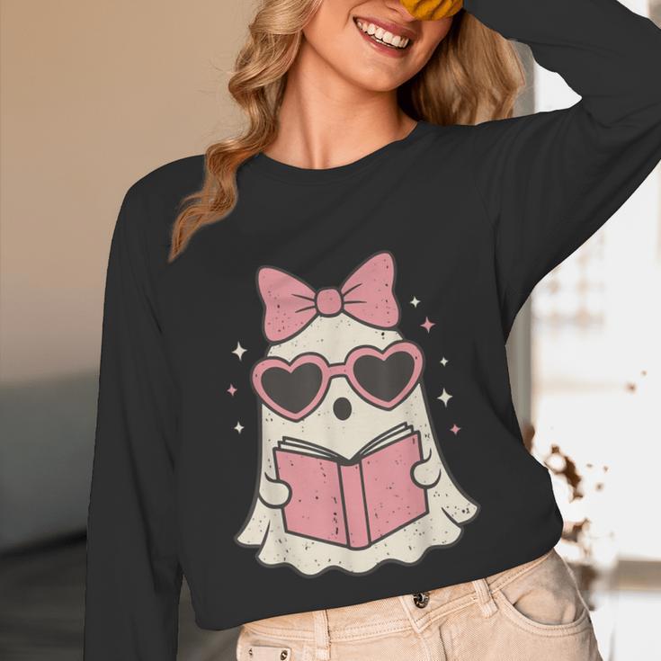 Ghost Reading Book Halloween Cat Lover Unisex Long Sleeve T-Shirt