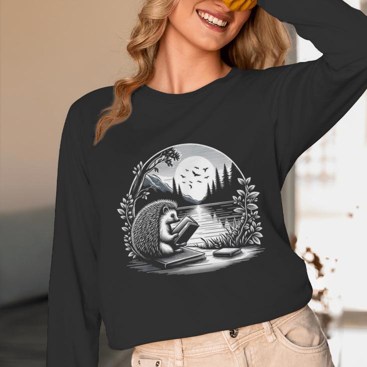 Hedgehog Reading Book Full Moon Lake Scenery Unisex Long Sleeve T-Shirt