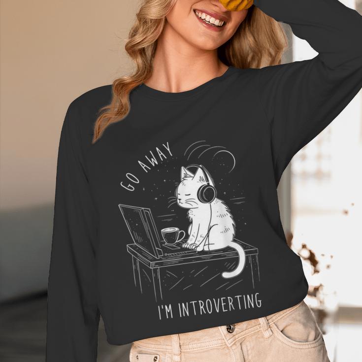 Introvert Cat With Coffee On Computer Antisocial Emo Goth Unisex Long Sleeve T-Shirt Introvert Cat With Coffee On Computer Antisocial Emo Goth Unisex Long Sleeve T-Shirt