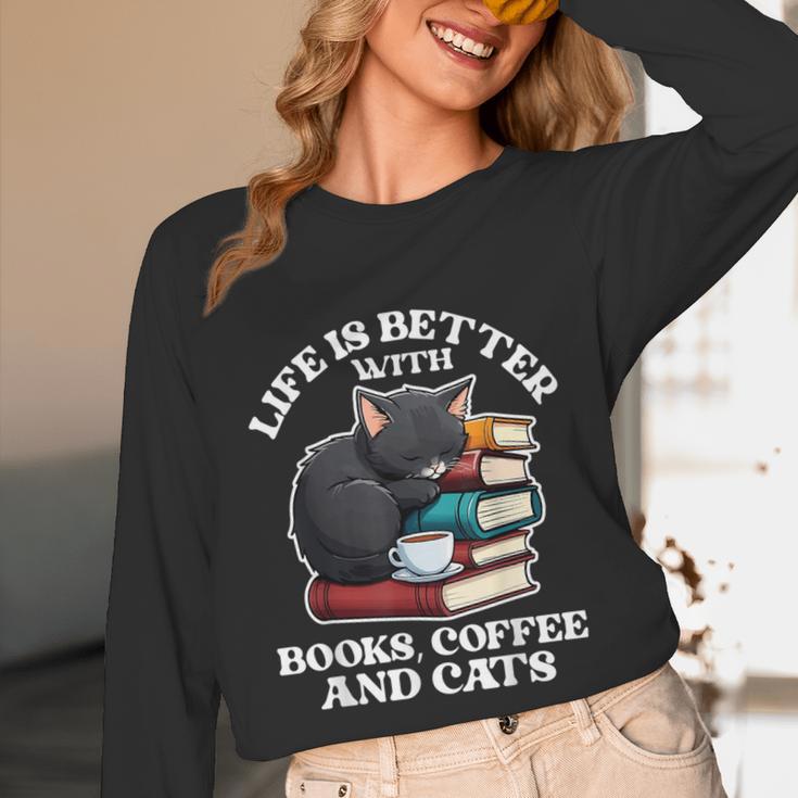 Life Is Better With Books Cats & Coffee Librarian Book Lover Unisex Long Sleeve T-Shirt