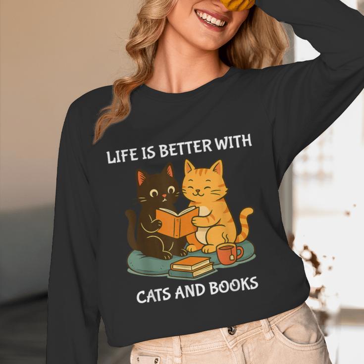 Life Is Better With Cats And Books Cute Cat Lover Unisex Long Sleeve T-Shirt