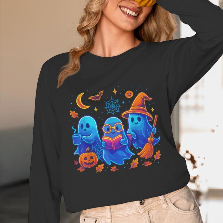 Little Ghost Coffee Tee Spooky Season Ghost Reading Book Unisex Long Sleeve T-Shirt
