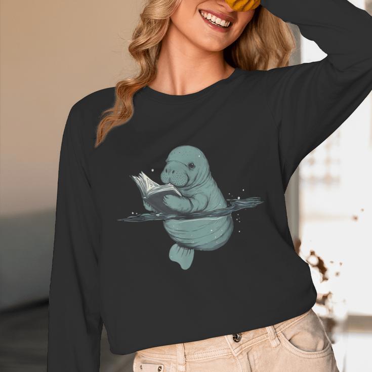 Manatee Reading Book Bookworm Manatees Ocean Animal Lover Unisex Long Sleeve T-Shirt