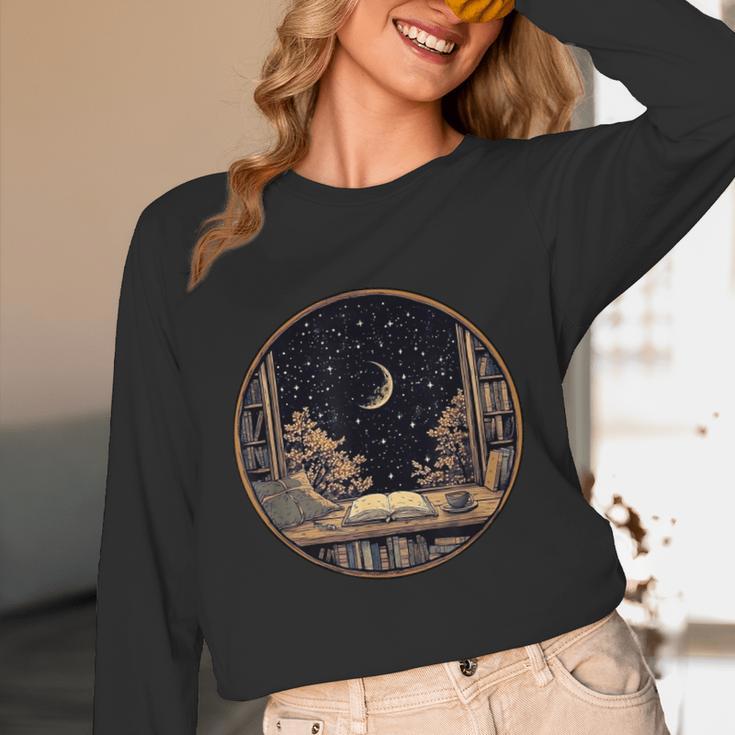 Moon Book Bookshelf Library Coffee Cup Star Stars Pattern Unisex Long Sleeve T-Shirt