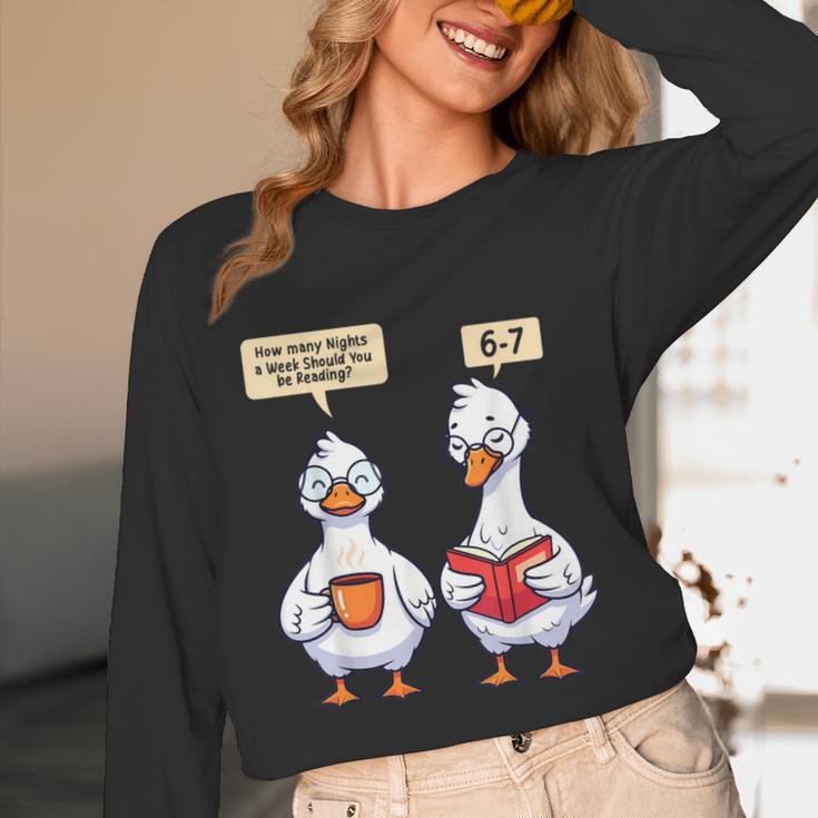 How Many Nights Reading Goose Book Lover Reader Unisex Long Sleeve T-Shirt