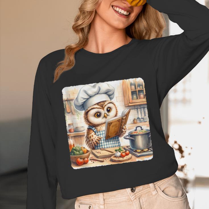 Owl Learning To Cook With Cookbook Chef Apron Stove Cooking Unisex Long Sleeve T-Shirt