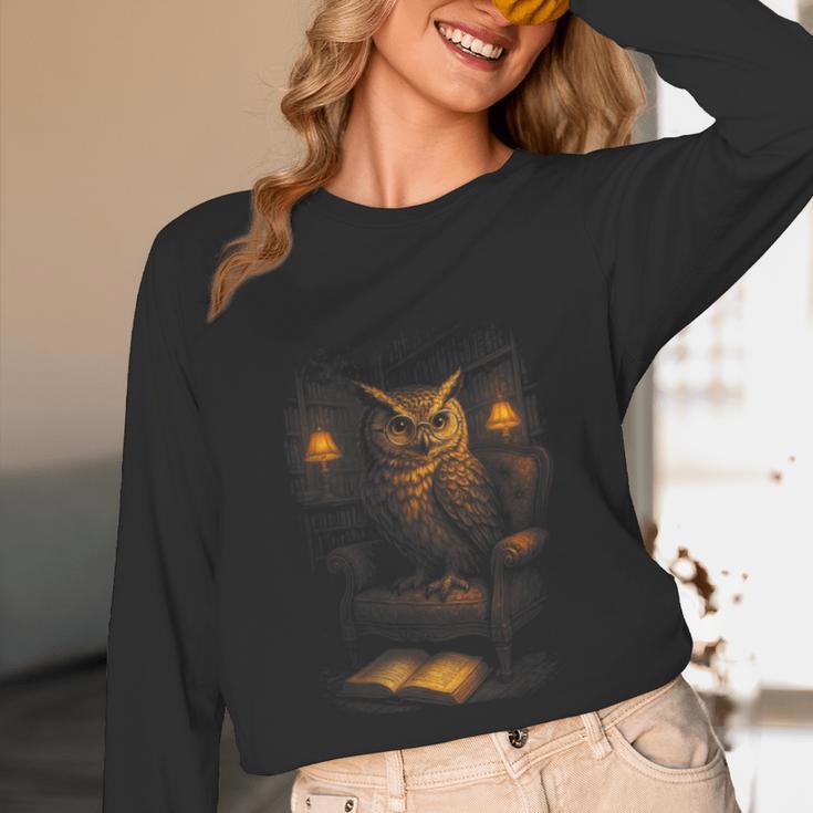 Owl Library Books Wisdom Reading Vintage Scholar Unisex Long Sleeve T-Shirt
