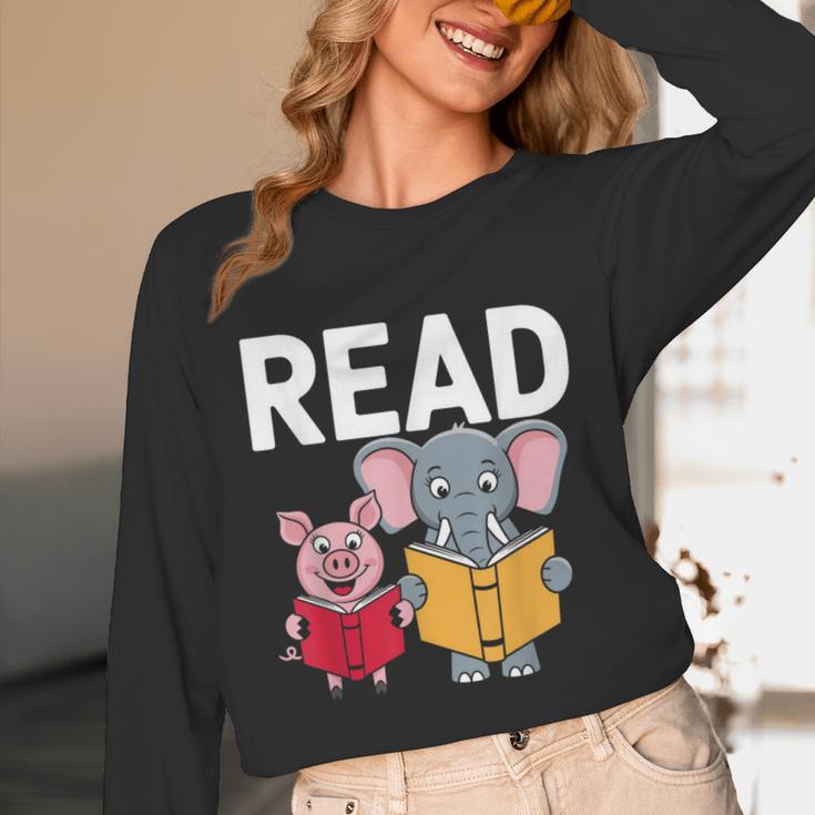 Pig Elephant Reading Cute Book Lover Bookworm Boys Girls Kid Unisex Long Sleeve T-Shirt