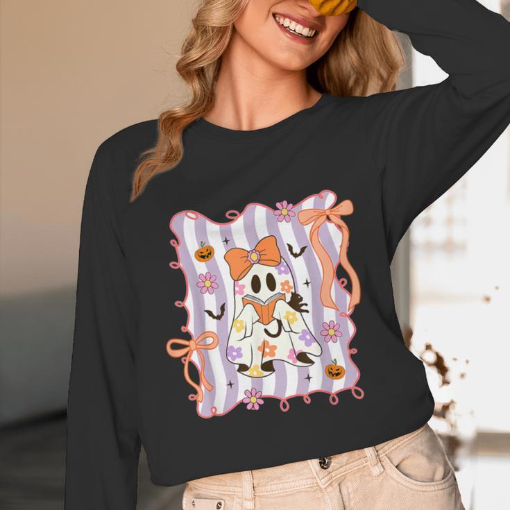 Preppy Coquette Bow Ghost Reading Books Halloween Book Unisex Long Sleeve T-Shirt Preppy Coquette Bow Ghost Reading Books Halloween Book Unisex Long Sleeve T-Shirt