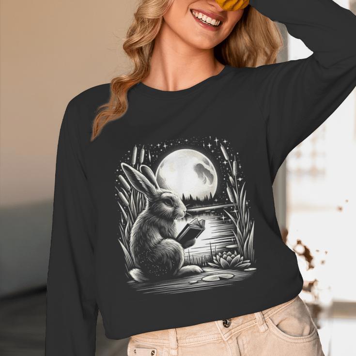 Rabbit Reading Book Full Moon Lake Scenery Unisex Long Sleeve T-Shirt