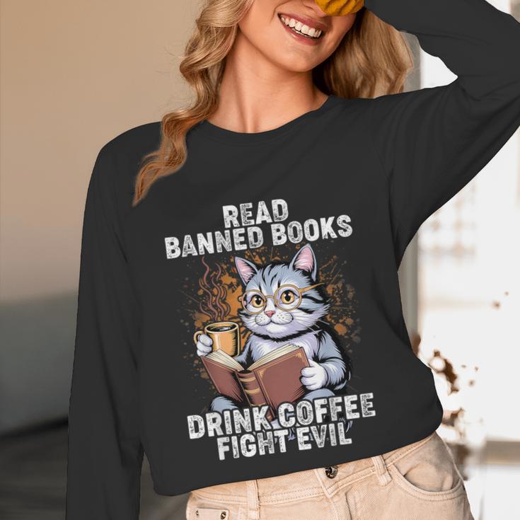Read Banned Books Drink Coffee Fight Evil Cat Unisex Long Sleeve T-Shirt