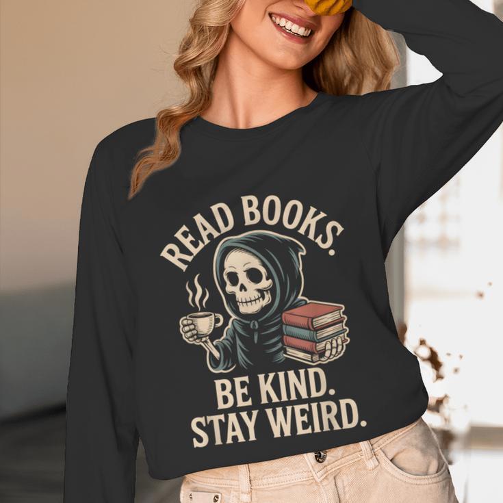 Read Books Be Kind Stay Weird Skeleton Grim Reaper Reading Unisex Long Sleeve T-Shirt Read Books Be Kind Stay Weird Skeleton Grim Reaper Reading Unisex Long Sleeve T-Shirt