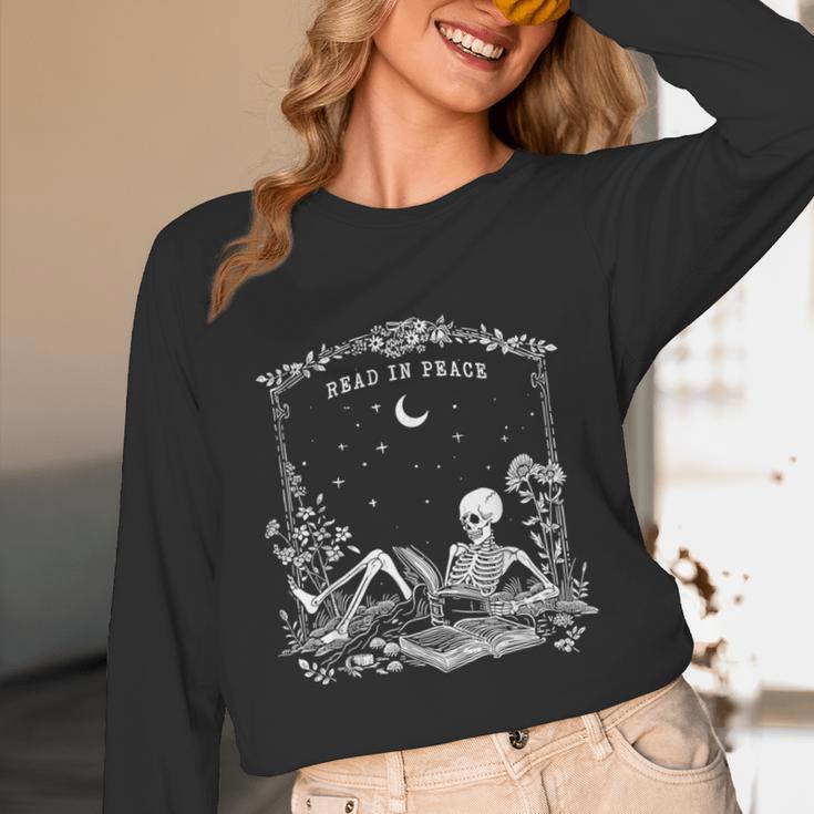 Read In Peace Skeleton Reading Book Halloween Bookish Unisex Long Sleeve T-Shirt