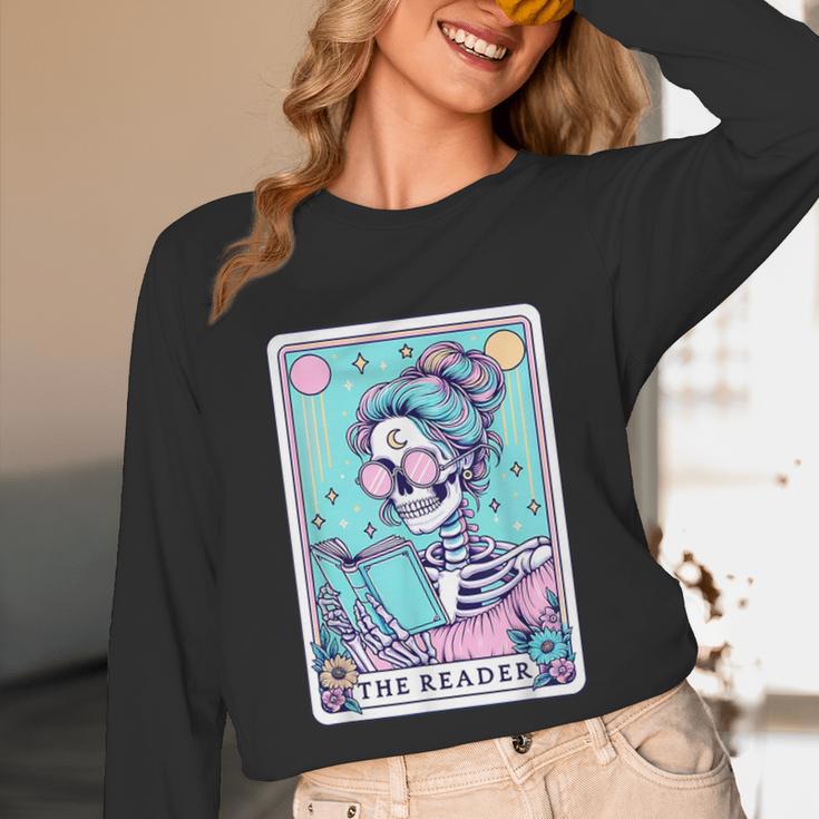 The Reader Retro Reading Skeleton Books Flowers Tarot Card Unisex Long Sleeve T-Shirt