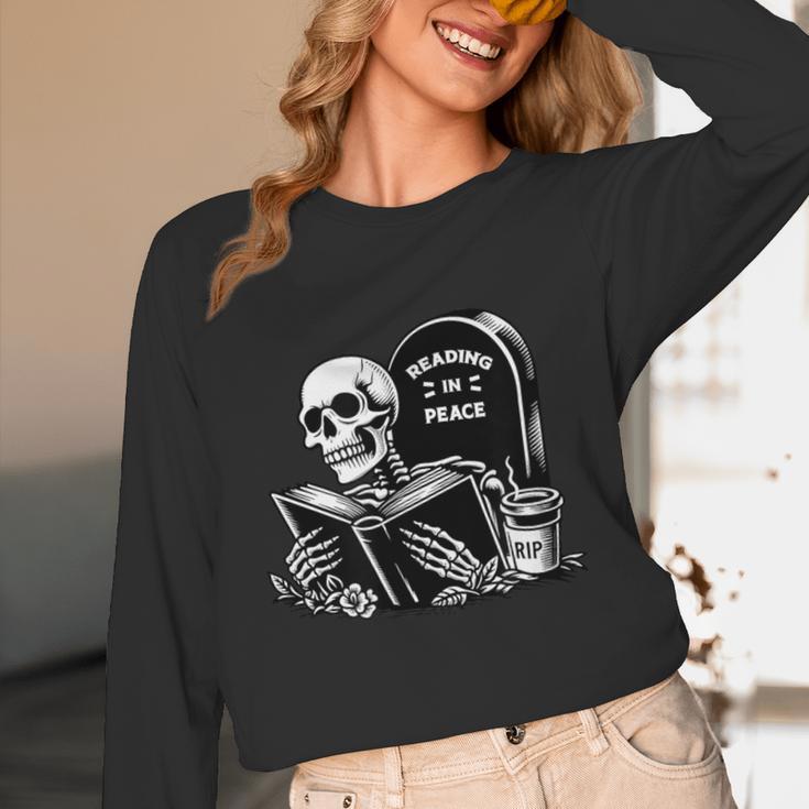 READING IN PEACE RIP Introvert Skeleton Read Book Meme Unisex Long Sleeve T-Shirt