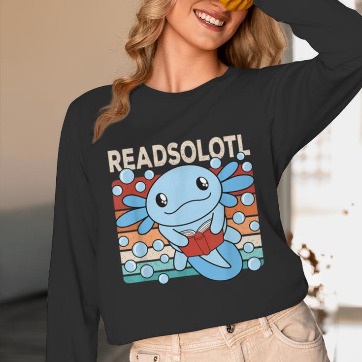 Readsolotl Blue Kawaii Axolotl Book Lover Reading Retro Unisex Long Sleeve T-Shirt