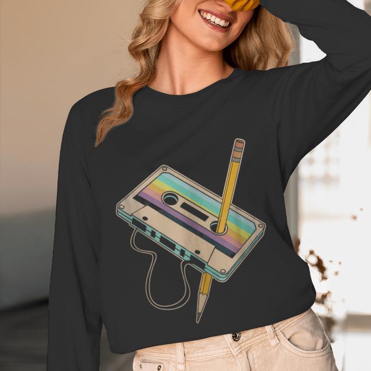 Retro Cassette And Pencil 80s 90s Nostalgia Music Lover Unisex Long Sleeve T-Shirt