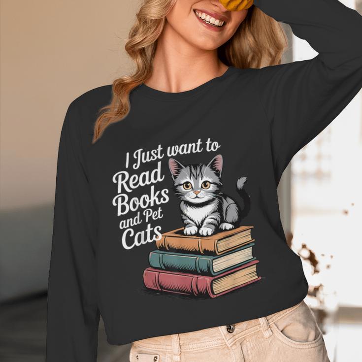Retro I Just Want To Read Books And Pet Cats Cat For Men Women Kids Unisex Long Sleeve T-Shirt