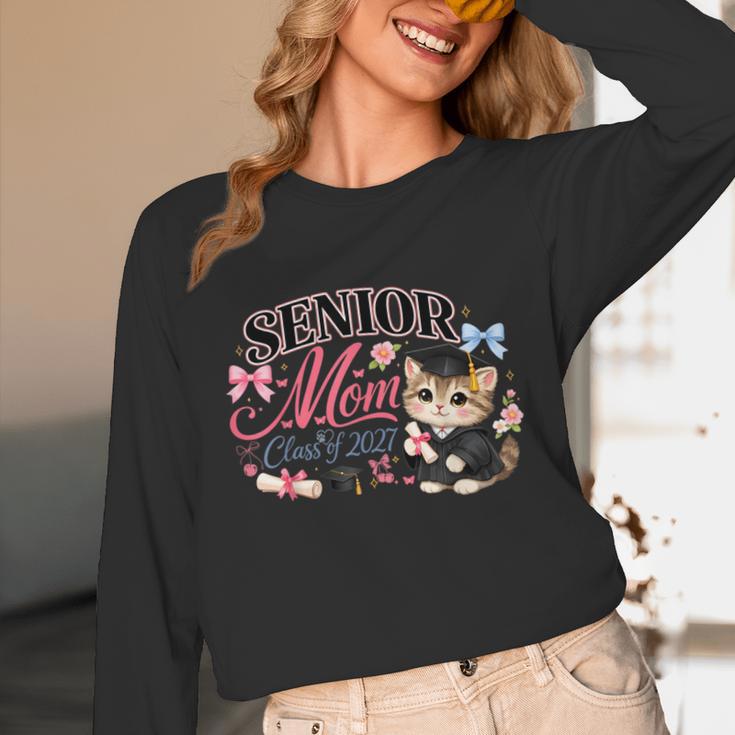Senior Mom Class Of 2027 Cute Cat Graduation Pink Bows Girls Unisex Long Sleeve T-Shirt