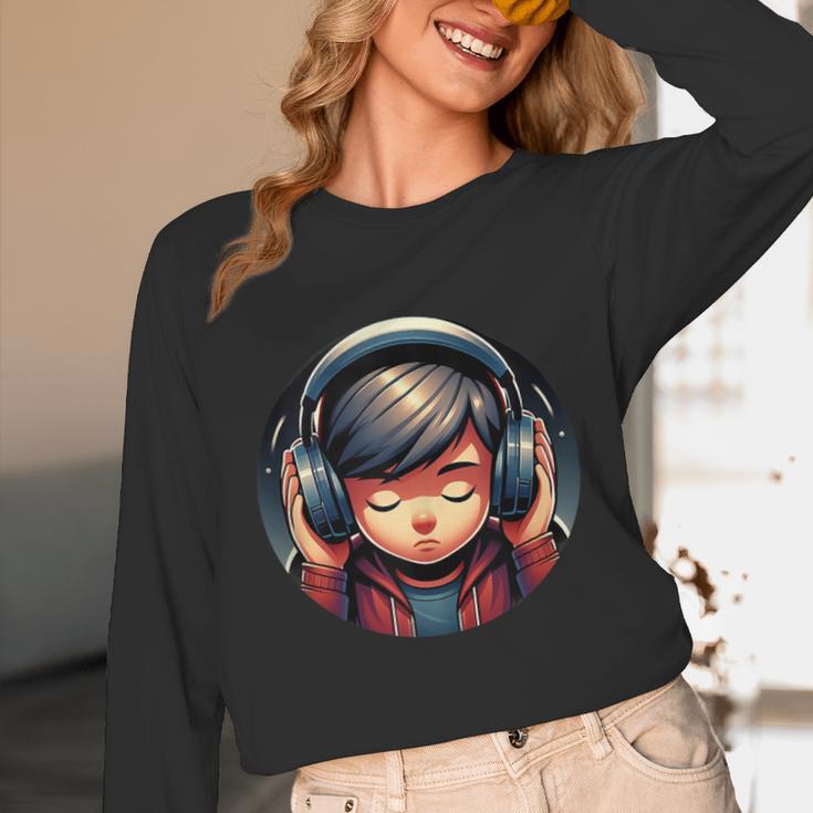 Serene Music Enthusiast With Headphones Introvert Cute Boy Unisex Long Sleeve T-Shirt