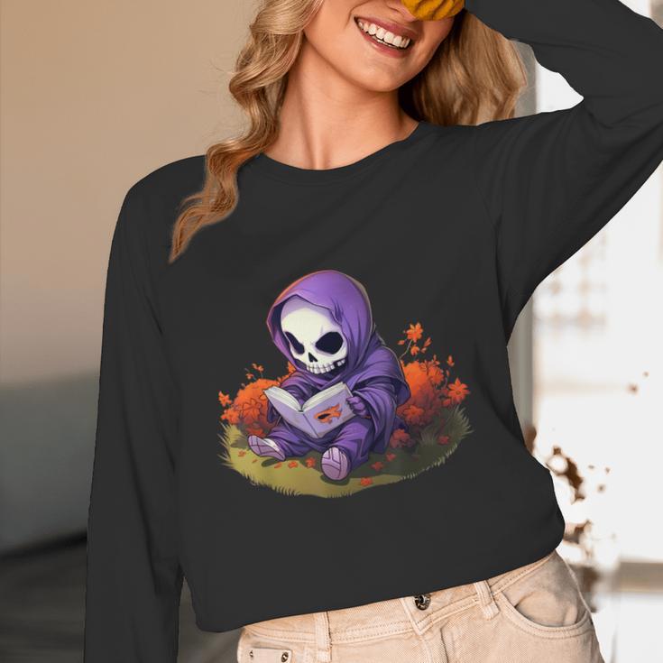 Spooky Grim Reaper Reading A Book Cute Creepy Halloween Unisex Long Sleeve T-Shirt Spooky Grim Reaper Reading A Book Cute Creepy Halloween Unisex Long Sleeve T-Shirt