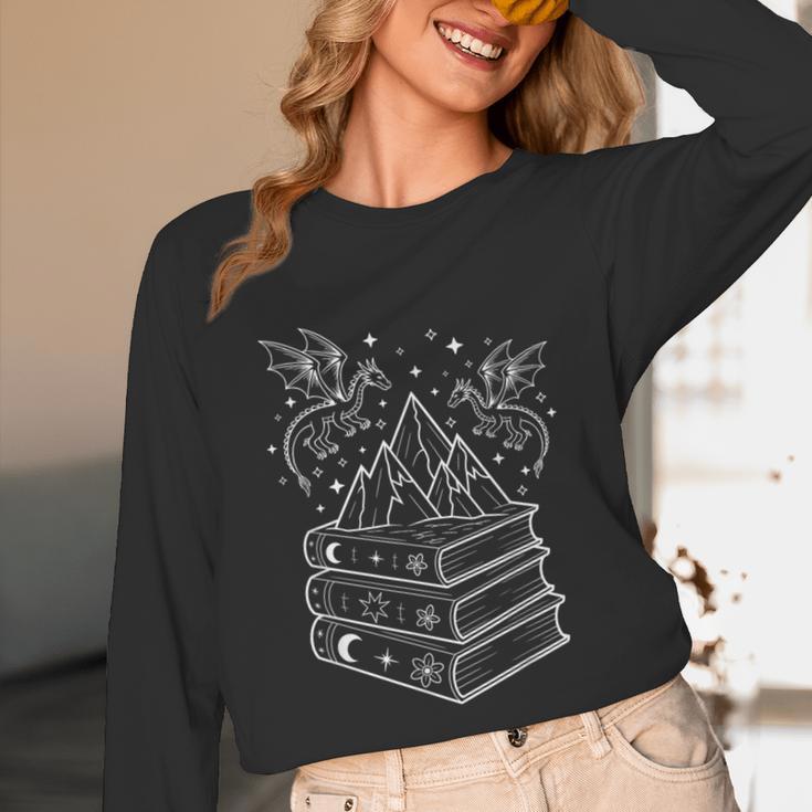 Stack Of Books And Dragons Bookworm Fantasy Books Lover Unisex Long Sleeve T-Shirt Stack Of Books And Dragons Bookworm Fantasy Books Lover Unisex Long Sleeve T-Shirt