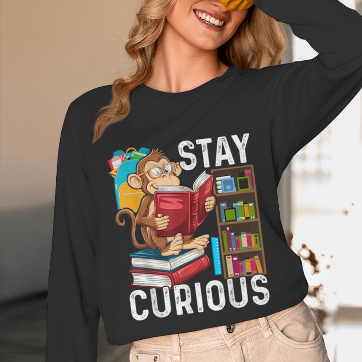 Stay Curious Monkey Reading Book Lover Bookworm Unisex Long Sleeve T-Shirt