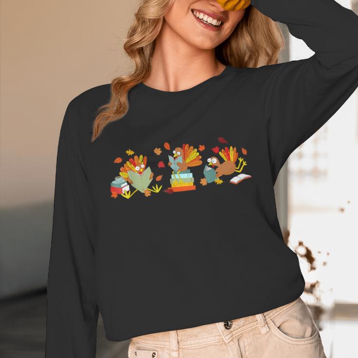 Turkey Reading Books Fall Thanksgiving Teacher Book Lovers Unisex Long Sleeve T-Shirt
