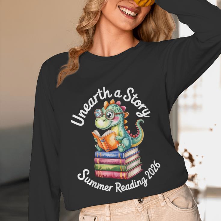 Unearth a Story Summer Reading 2026 Book Lover Dino Fun Unisex Long Sleeve T-Shirt