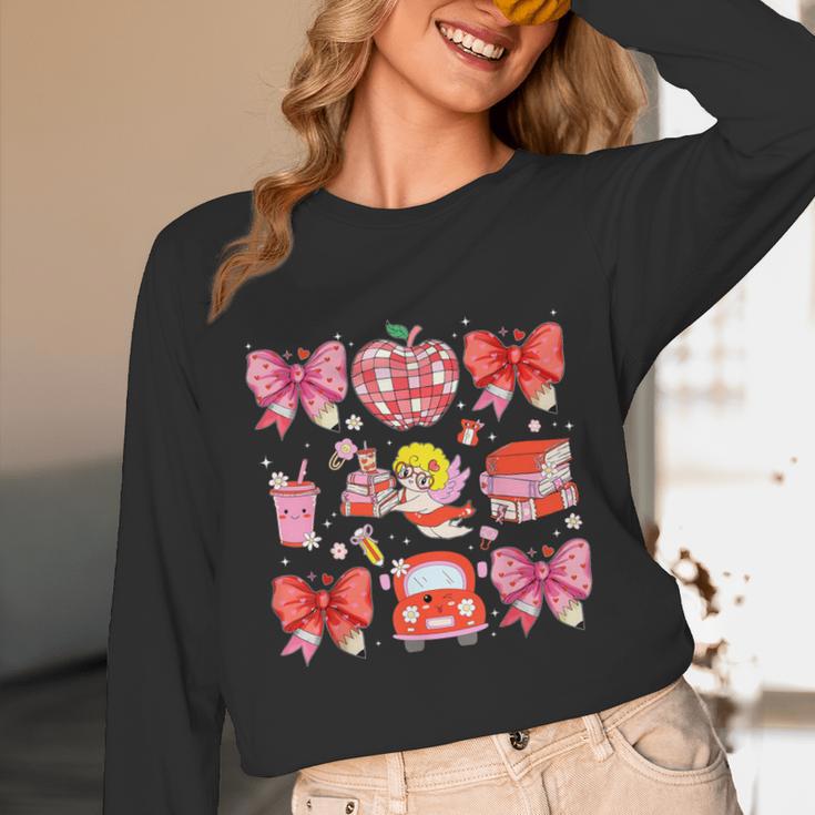 Valentine Cupid Coquette Pink Bow Apple Books Teacher Unisex Long Sleeve T-Shirt