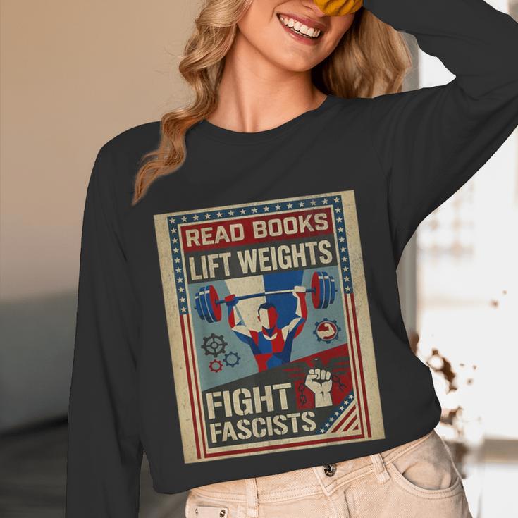 Vintage Style Read Books Lift Weights Fight Fascists Retro Unisex Long Sleeve T-Shirt