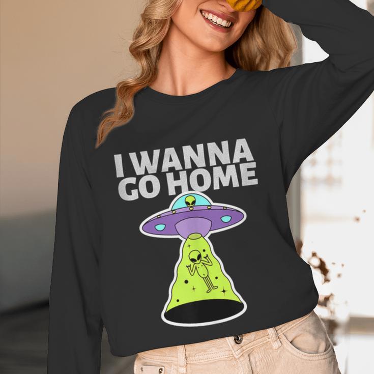 I Wanna Go Home Introvert UFO UAP Flying Saucer Trippy Alien Unisex Long Sleeve T-Shirt