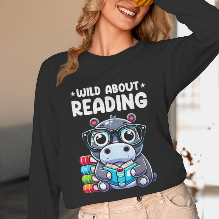 Wild About Reading Book Lover Hippo Unisex Long Sleeve T-Shirt