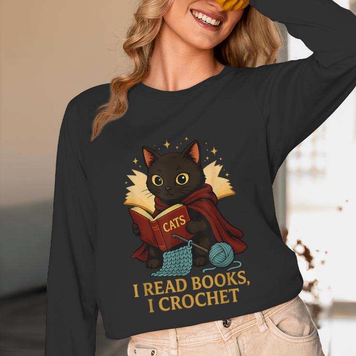 Wizard Cat Reading a Book While Crocheting Unisex Long Sleeve T-Shirt