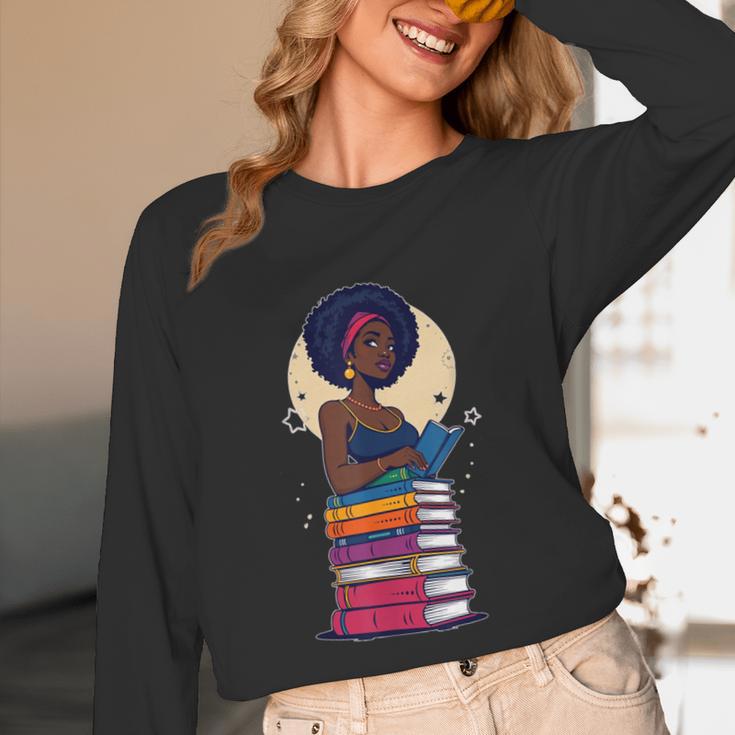 Woman And Books Stack Afro Girl Reading Lover Unisex Long Sleeve T-Shirt Woman And Books Stack Afro Girl Reading Lover Unisex Long Sleeve T-Shirt
