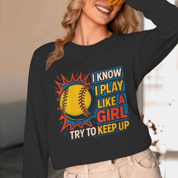 Women's Girls Softball Play Like A Girl Comic Book Pop Art Unisex Long Sleeve T-Shirt Women's Girls Softball Play Like A Girl Comic Book Pop Art Unisex Long Sleeve T-Shirt