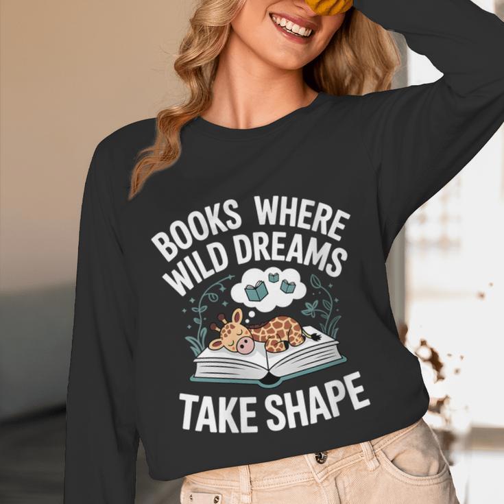 Women's Wild Dreams Reading Giraffe Book Reader Zoo Animals Kids Unisex Long Sleeve T-Shirt