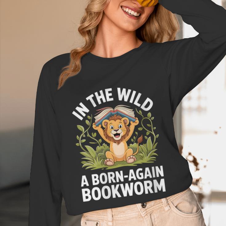 Women's Wild About Reading Book Reader Lion Zoo Animals Kids Unisex Long Sleeve T-Shirt