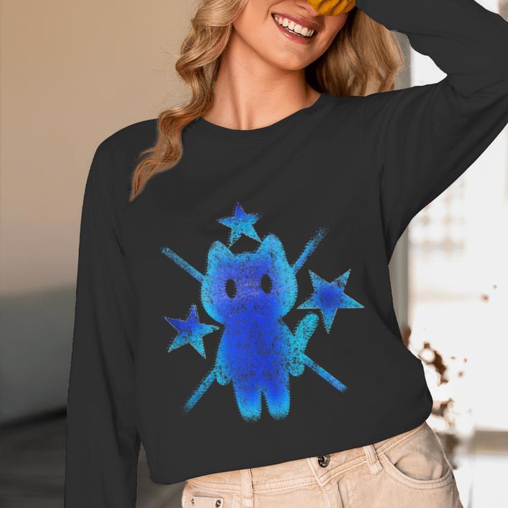 Yk2 Grunge Earthy Blue Cat With Stars Tomboy 90s Nostalgia Unisex Long Sleeve T-Shirt