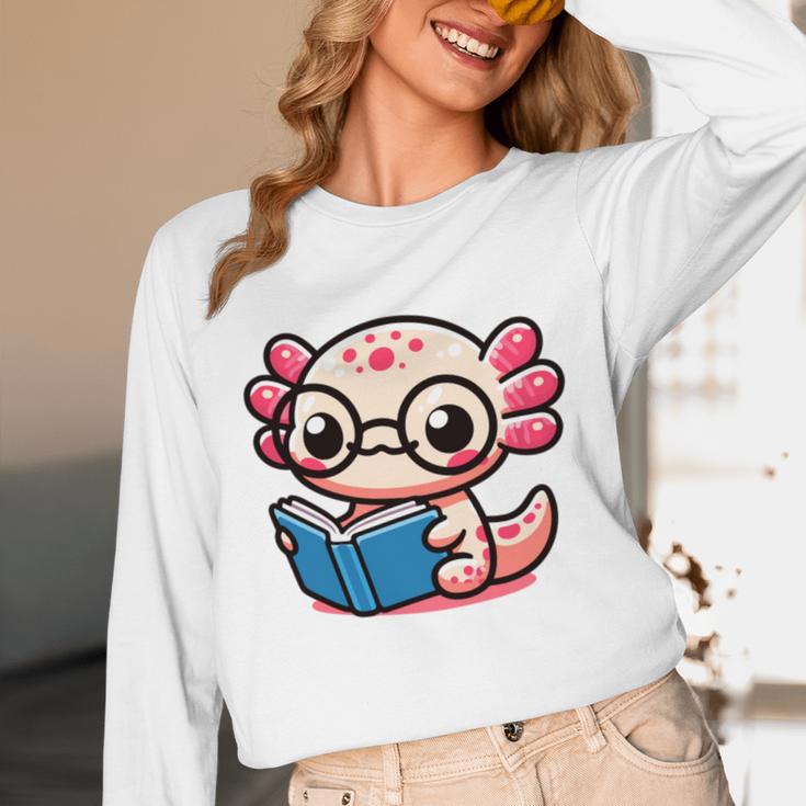 Adorable Book Lover Axolotl With Reading Glasses Cute Unisex Long Sleeve T-Shirt