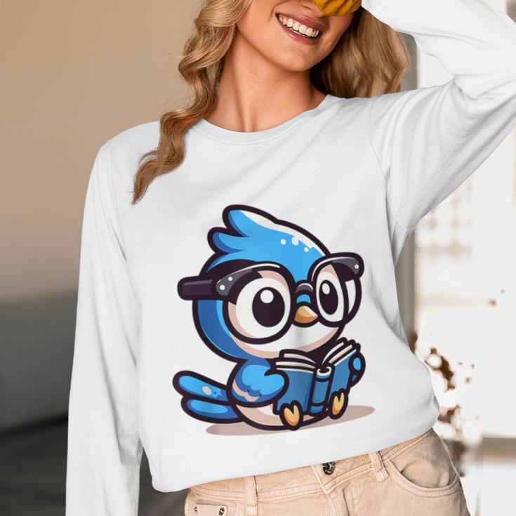 Adorable Book Lover Blue Jay With Reading Glasses Cute Raglan Baseball Tee Unisex Long Sleeve T-Shirt