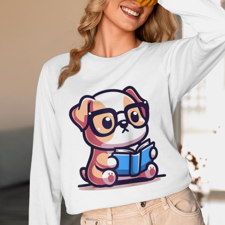 Adorable Book Lover Bulldog With Reading Glasses Cute Raglan Baseball Tee Unisex Long Sleeve T-Shirt