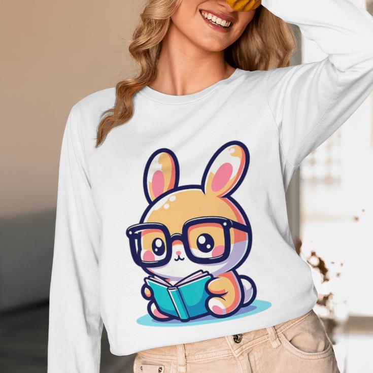 Adorable Book Lover Rabbit With Reading Glasses Cute Premium Unisex Long Sleeve T-Shirt