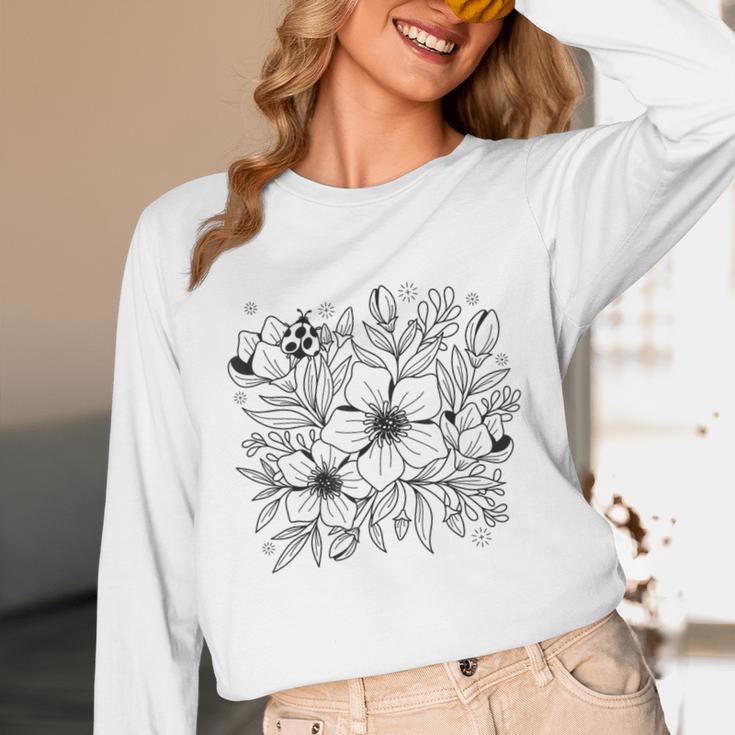 Adult Coloring Book Style Flowers And Ladybug Self Coloring Unisex Long Sleeve T-Shirt