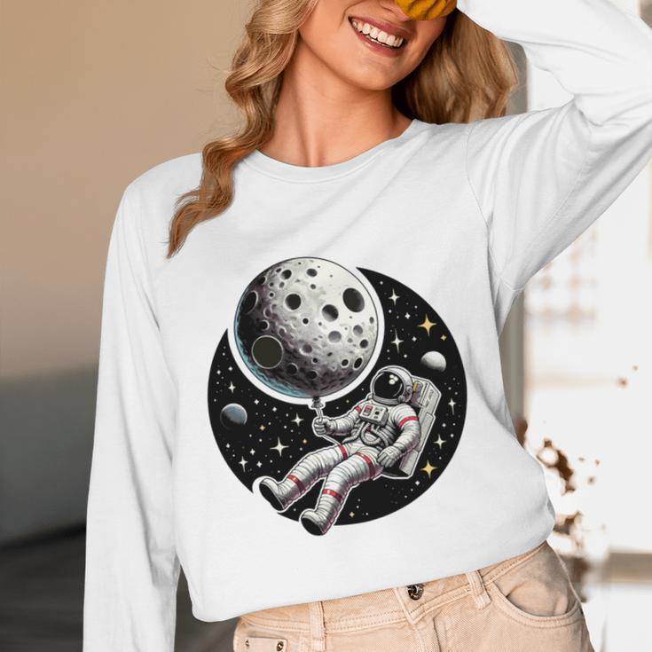 Astronaut Aesthetic Holding Moon Balloon Planets Introvert Unisex Long Sleeve T-Shirt
