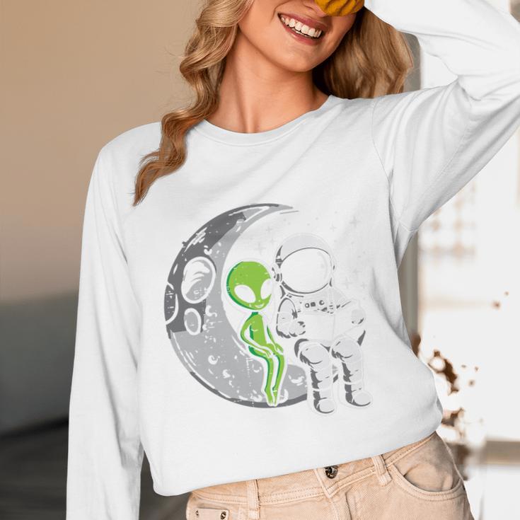 Astronaut Reading Book To Alien Moon Space Women Kids Men Premium Tri-Blend Unisex Long Sleeve T-Shirt