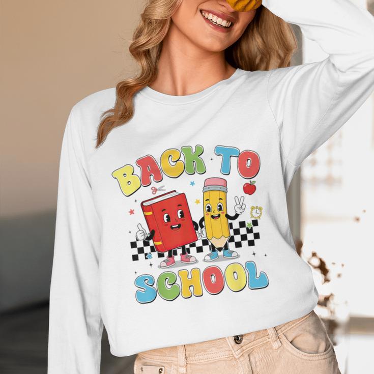 Back To School Checkered Book Pencil Groovy Teacher Student Unisex Long Sleeve T-Shirt