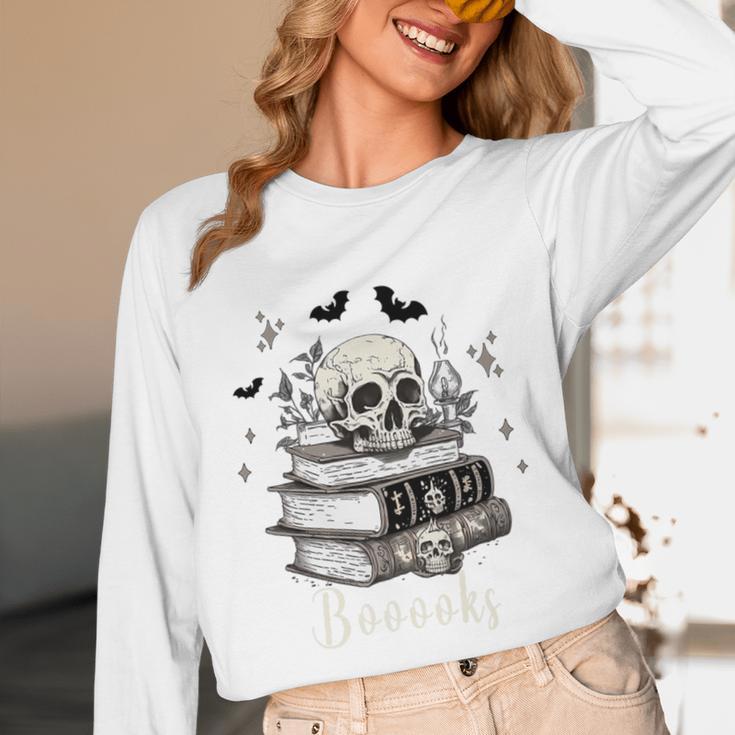 Boo Skeleton Skull Books Halloween Women School Teacher Kid Premium Unisex Long Sleeve T-Shirt