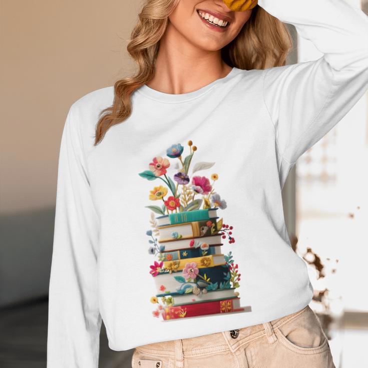 Book Stack With Flowers Reading Lover Bookish Unisex Long Sleeve T-Shirt